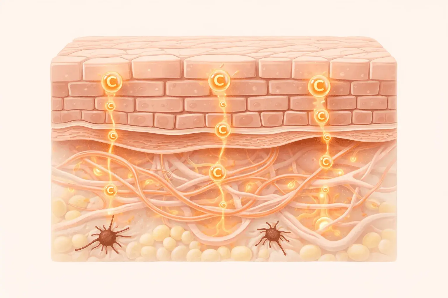 Scientific illustration of skin layers showing vitamin C molecules penetrating the epidermis and dermis with visible collagen fibers