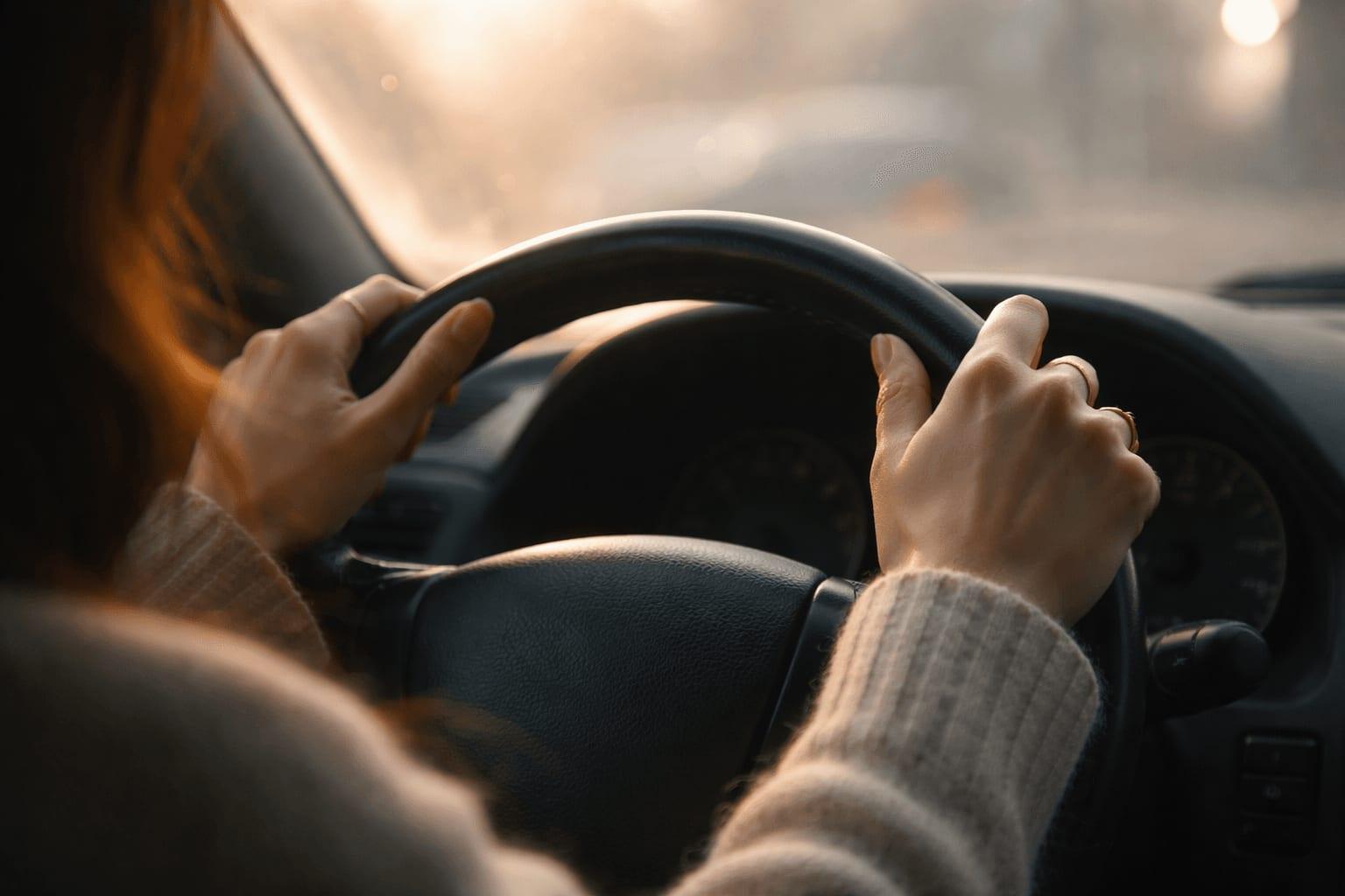 Close-up of hands gripping steering wheel showing physical tension during anxiety