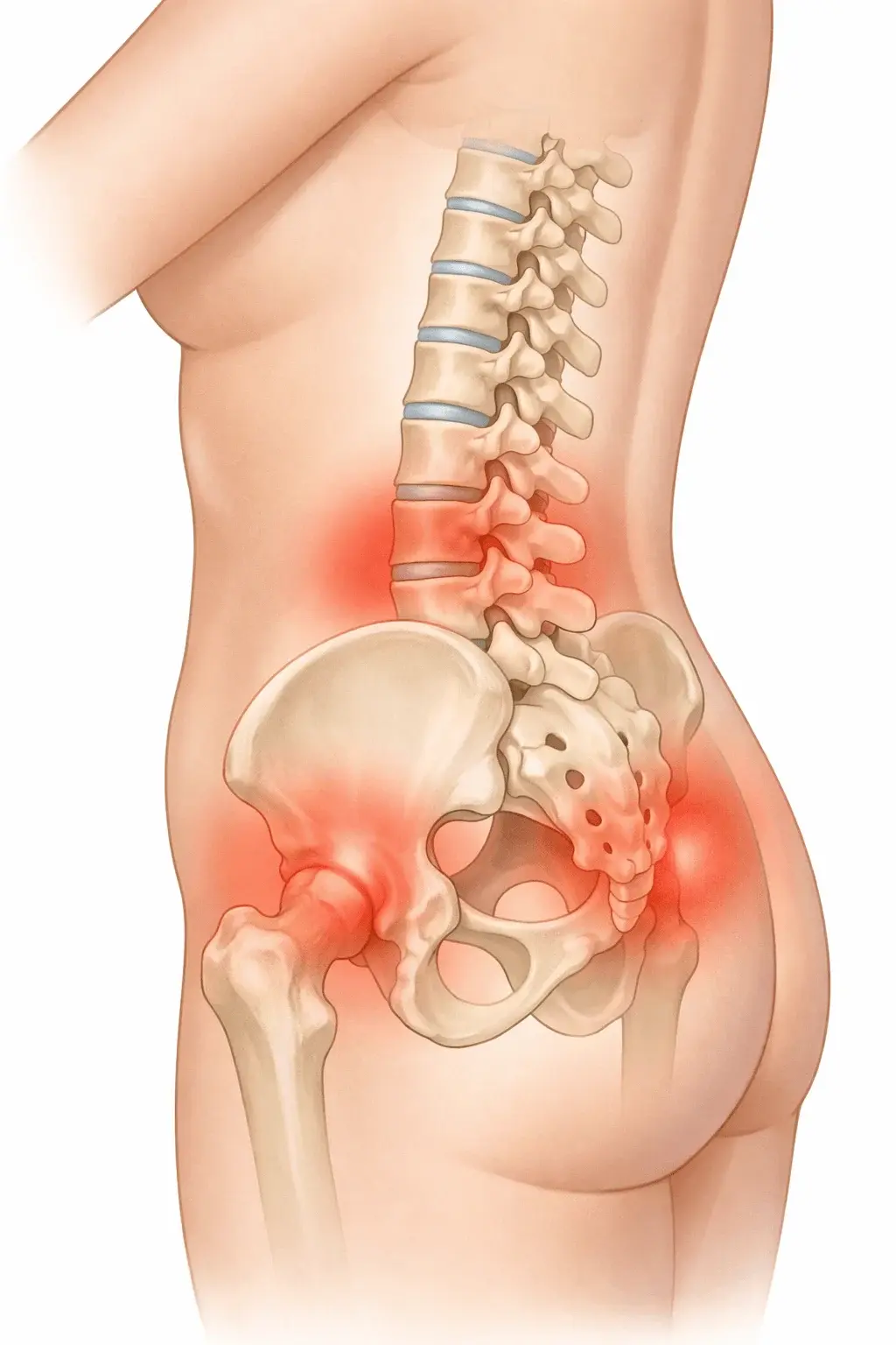 Anatomical illustration showing lower back and hip areas affected by menopausal hormonal changes