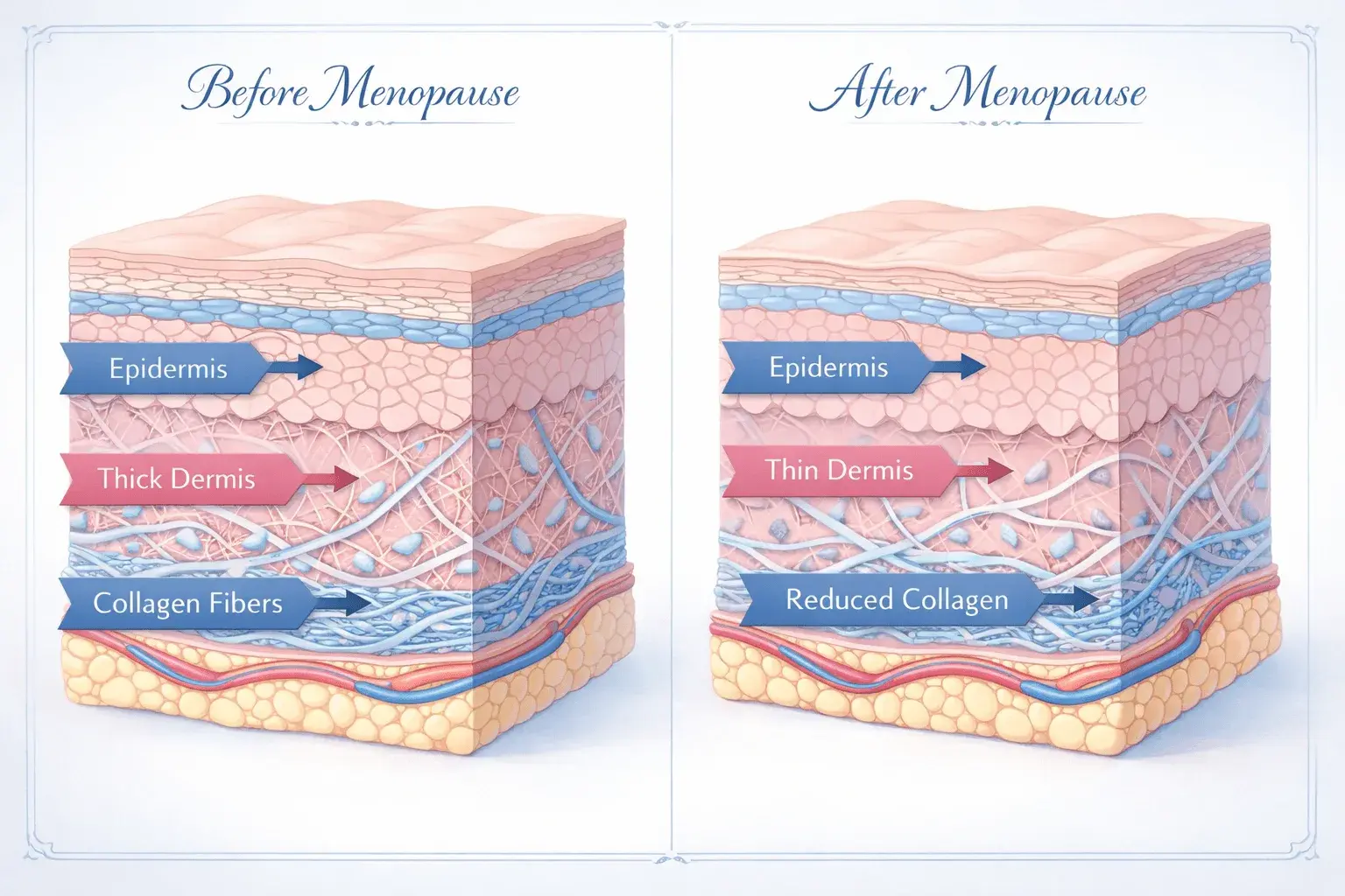 Cross-section illustration comparing skin structure before and after menopause showing collagen changes
