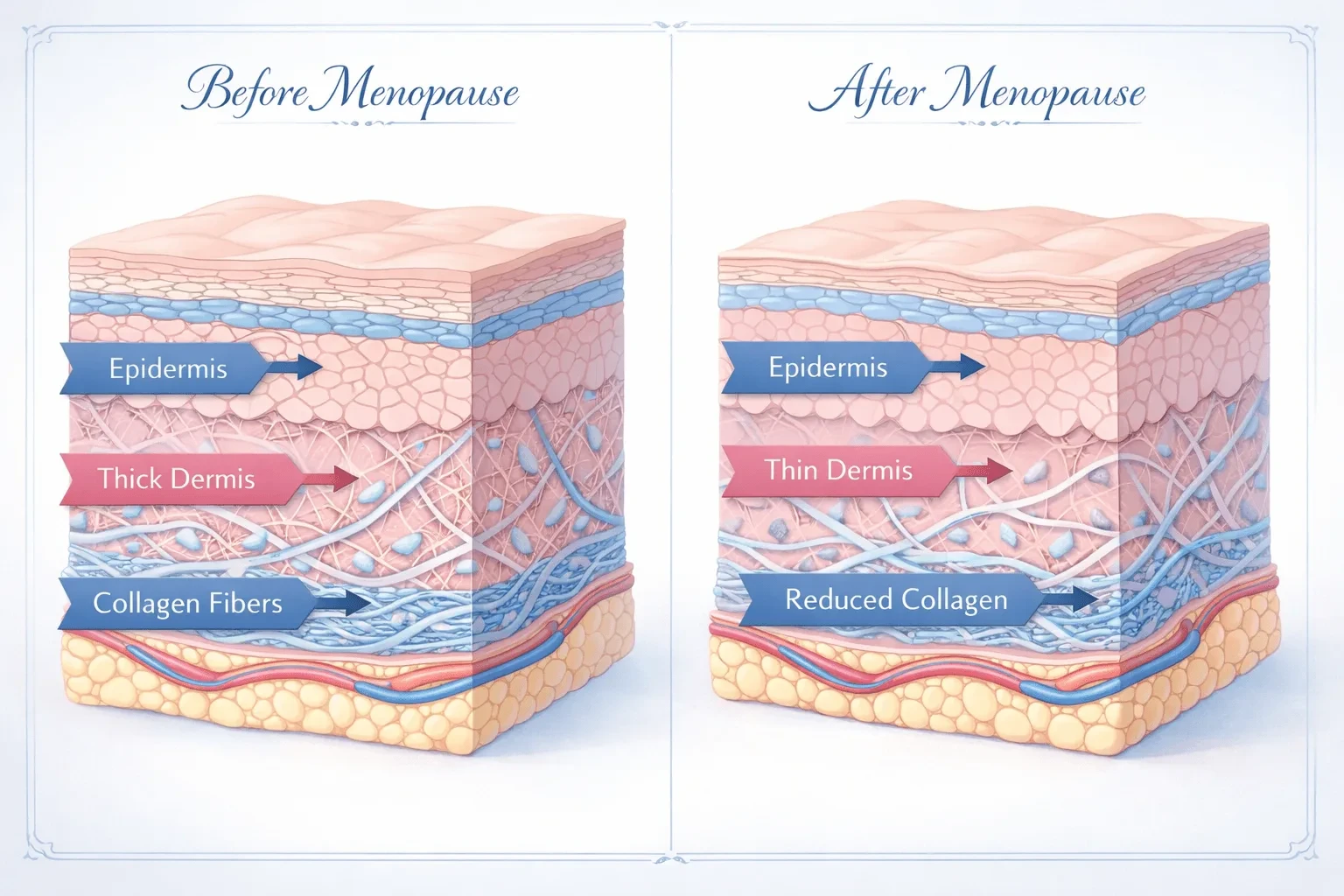 Cross-section illustration comparing skin structure before and after menopause showing collagen changes
