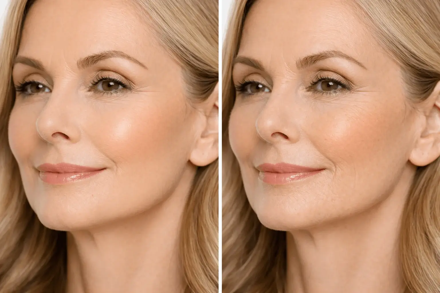Comparison showing properly hydrated versus dehydrated skin affecting makeup creasing