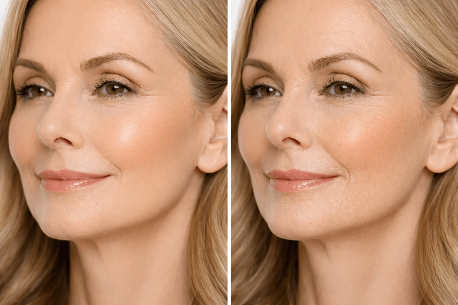 Comparison showing properly hydrated versus dehydrated skin affecting makeup creasing