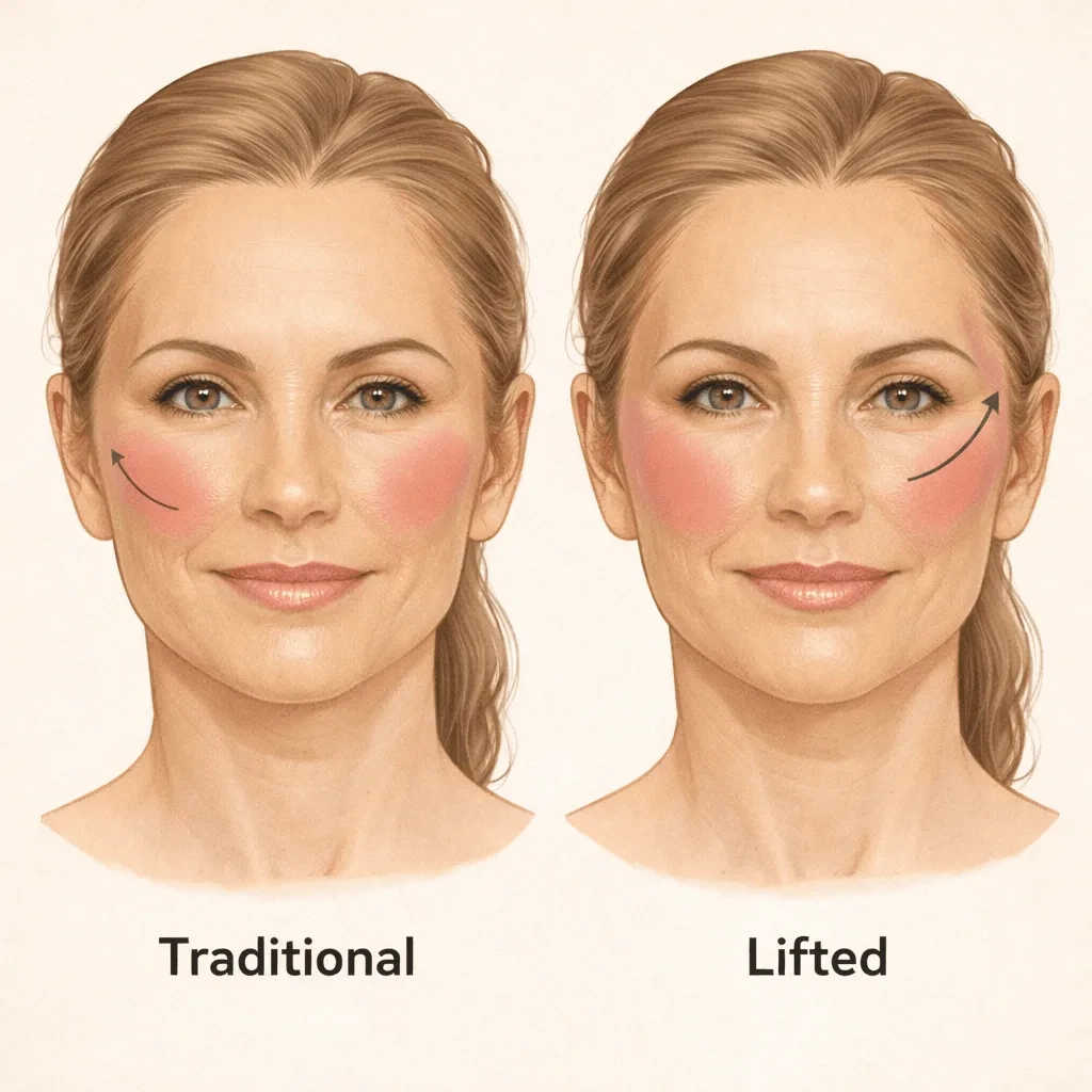 Comparison of traditional versus lifted blush placement on mature face showing different visual effects