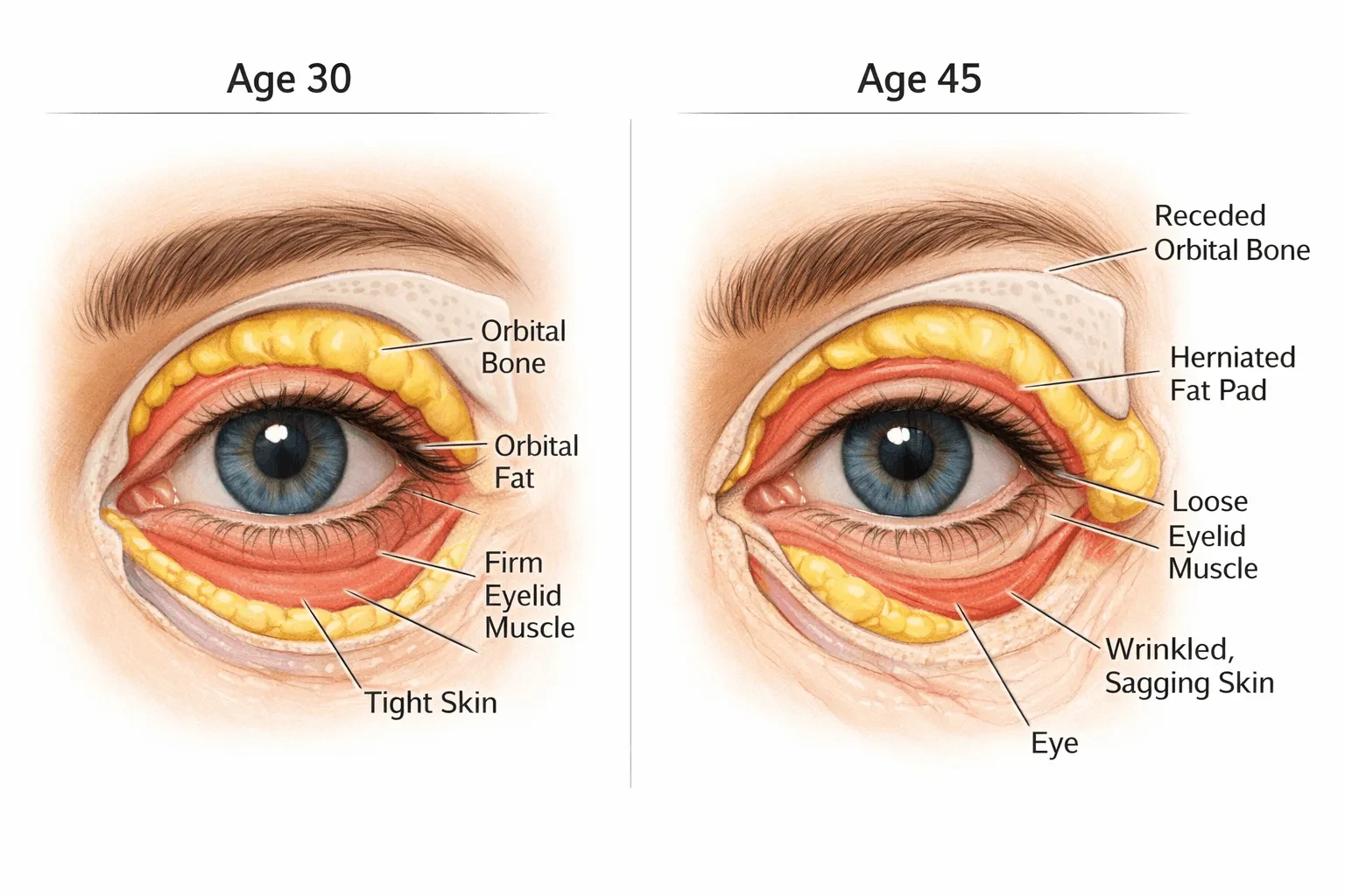 Anatomical comparison of eye structure changes between 30s and 40s showing hooding development