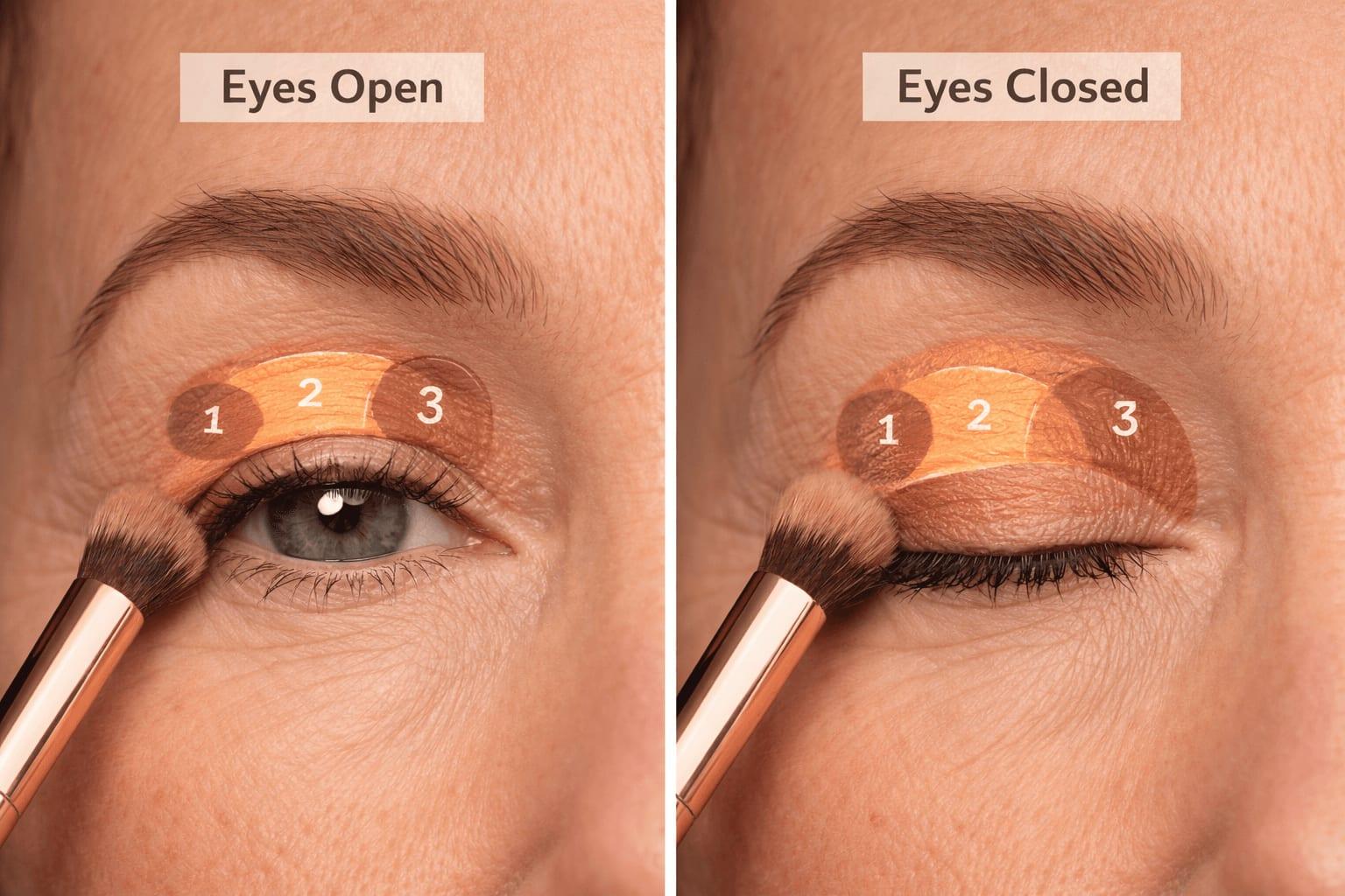 Proper eyeshadow placement technique for hooded mature eyes showing color application