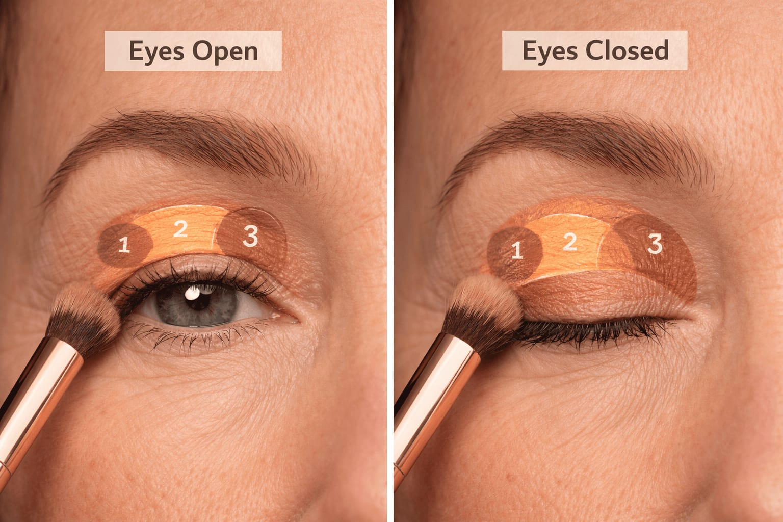Proper eyeshadow placement technique for hooded mature eyes showing color application