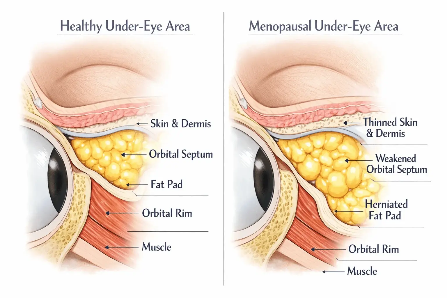 Anatomical diagram showing under-eye structural changes during menopause causing puffiness