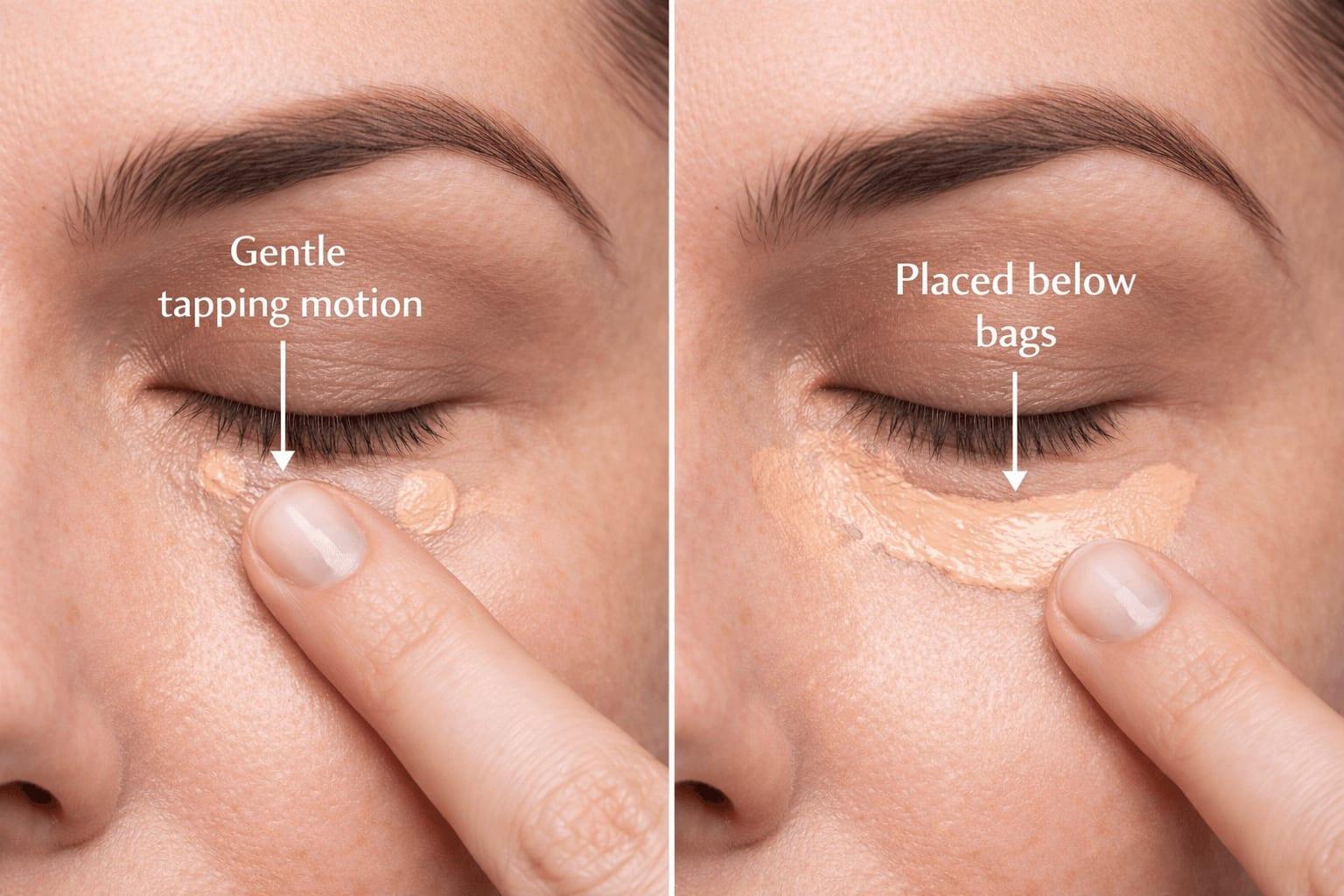 Proper concealer application technique for puffy eyes showing targeted placement