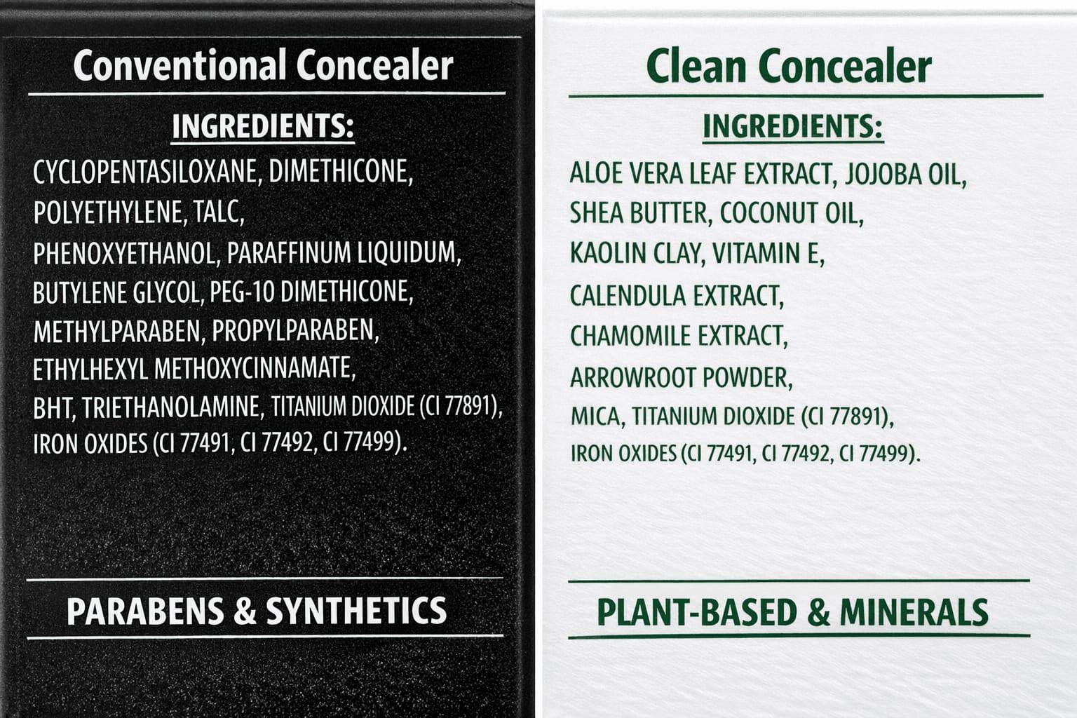 Comparison of conventional versus clean concealer ingredient lists showing formulation differences