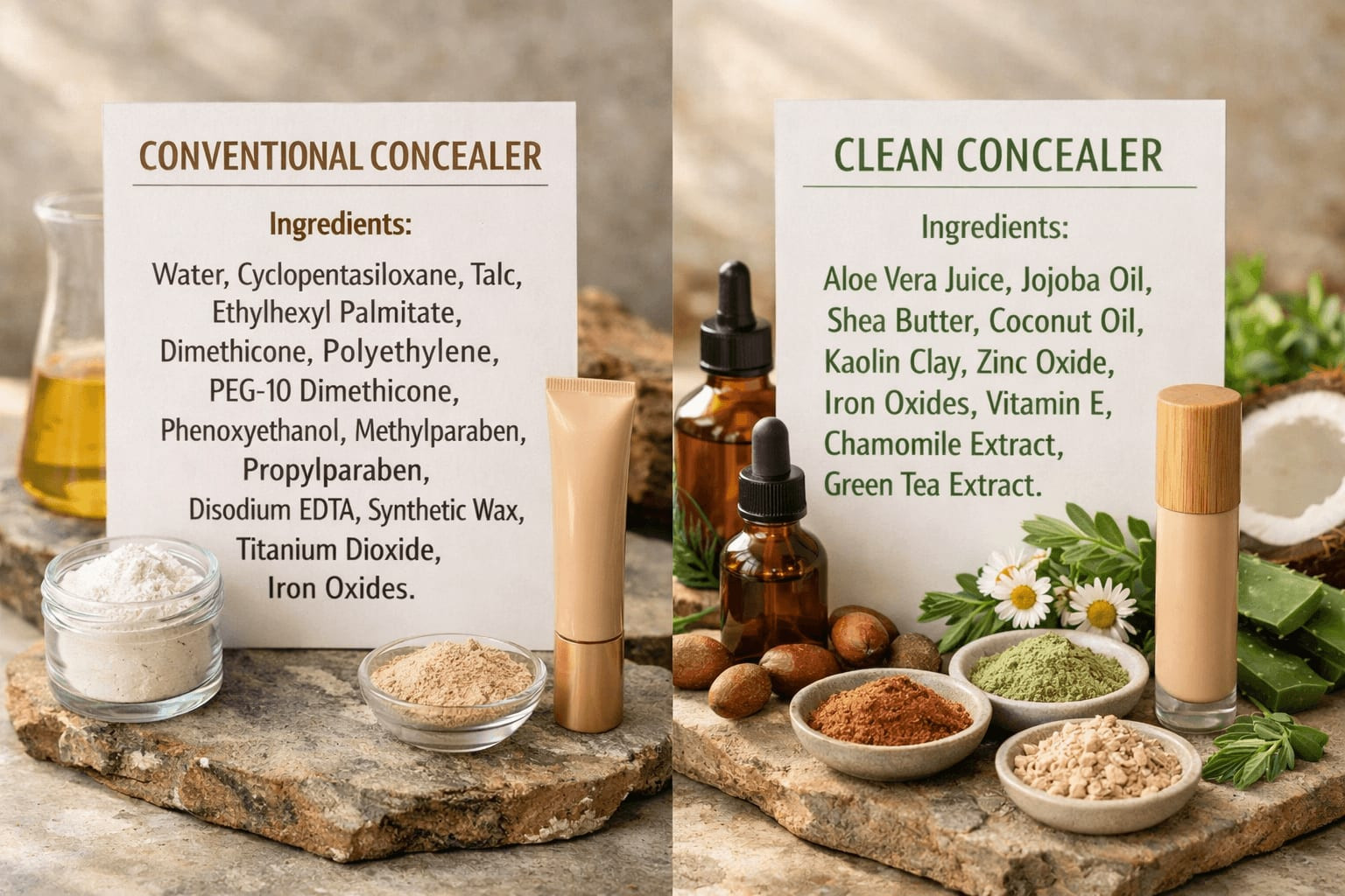 Clean concealer products shown with their natural ingredient sources including plant oils and mineral pigments