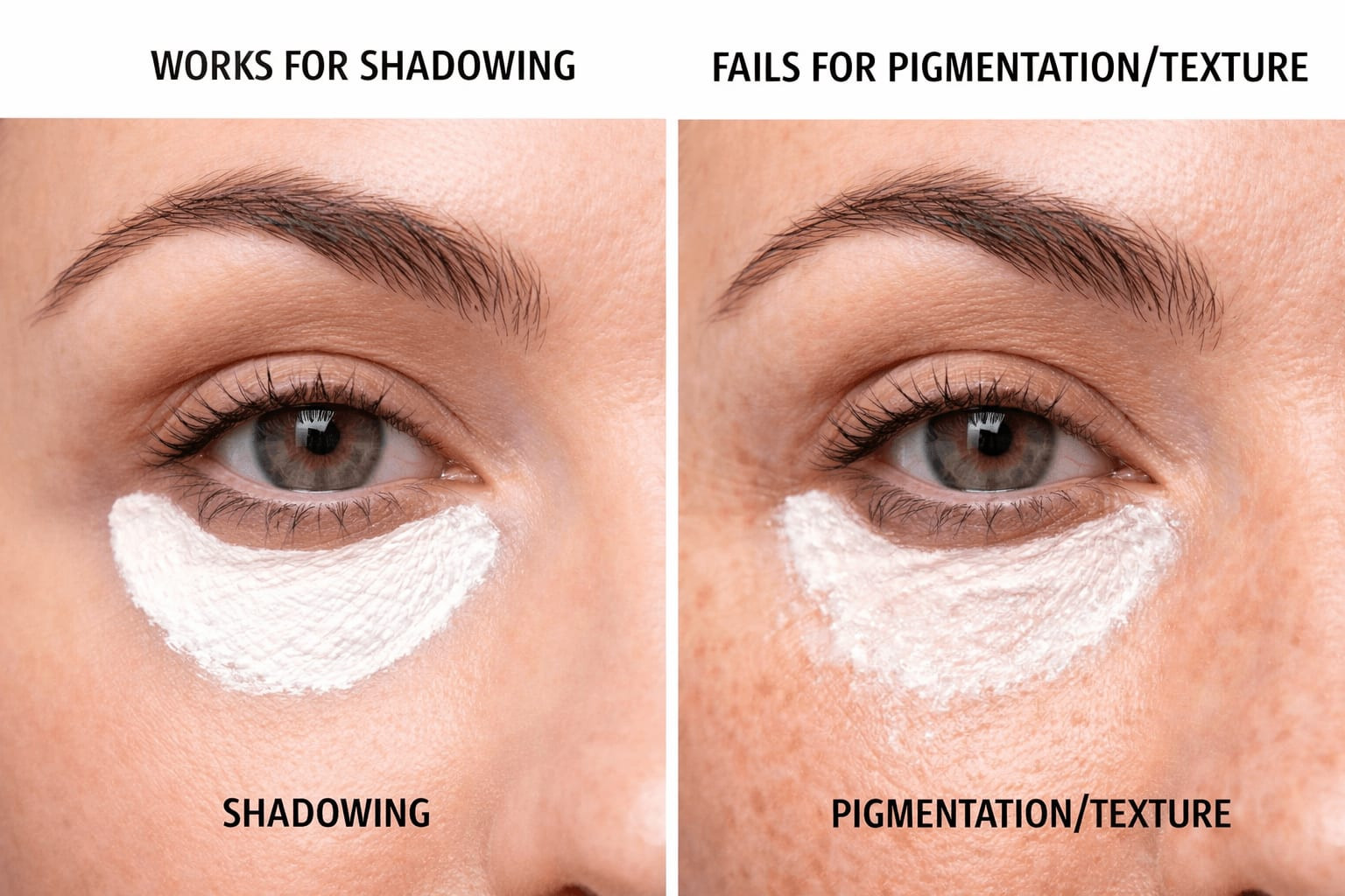 Comparison showing successful versus failed white concealer applications on different under-eye types