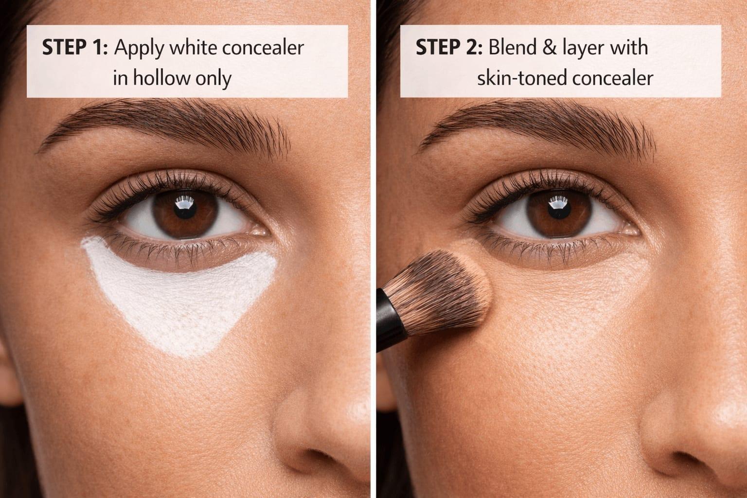 Step-by-step white concealer application showing strategic placement and layering