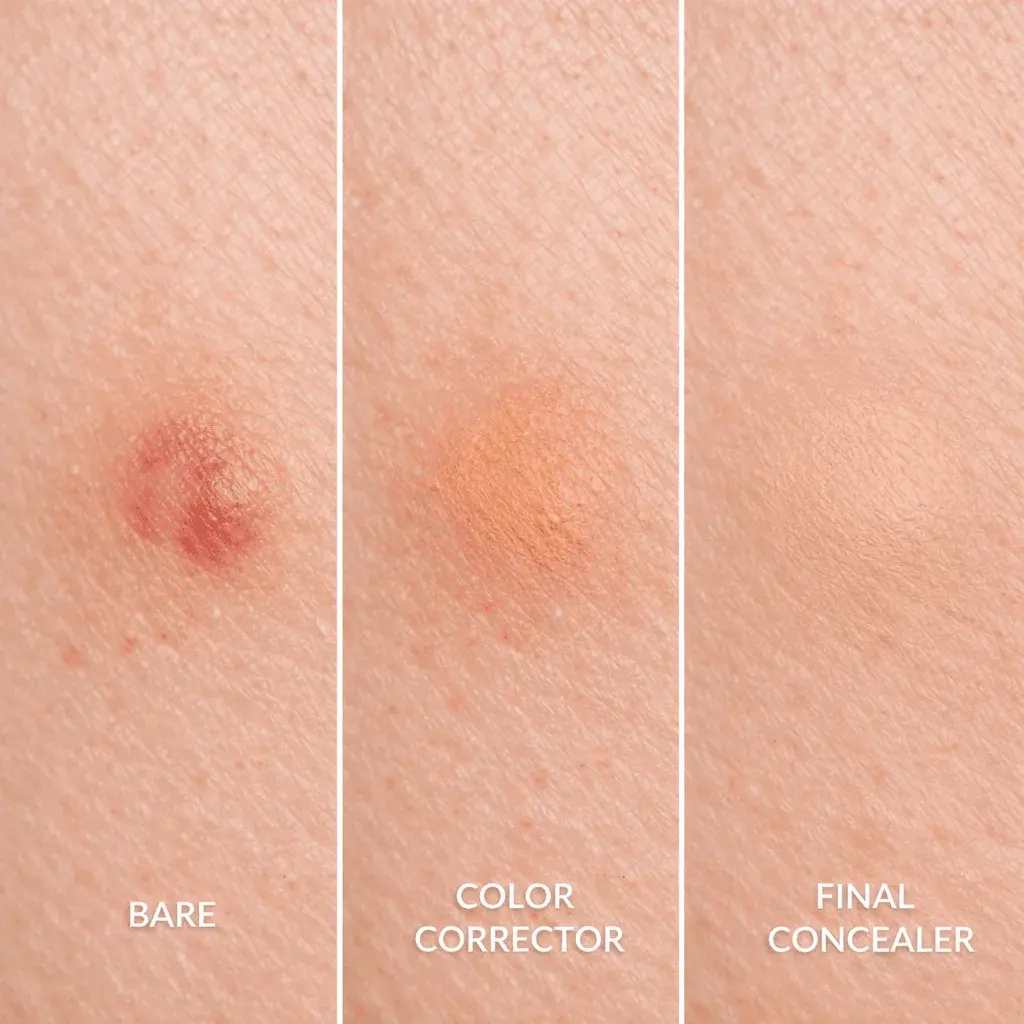 Progressive stages of scar concealment showing color correction and concealer layering