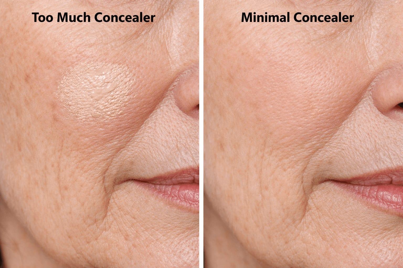 Comparison of cream concealer application showing heavy versus light coverage on mature facial skin