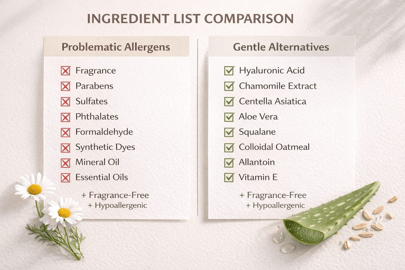 Ingredient comparison showing allergens to avoid in sensitive skin concealer