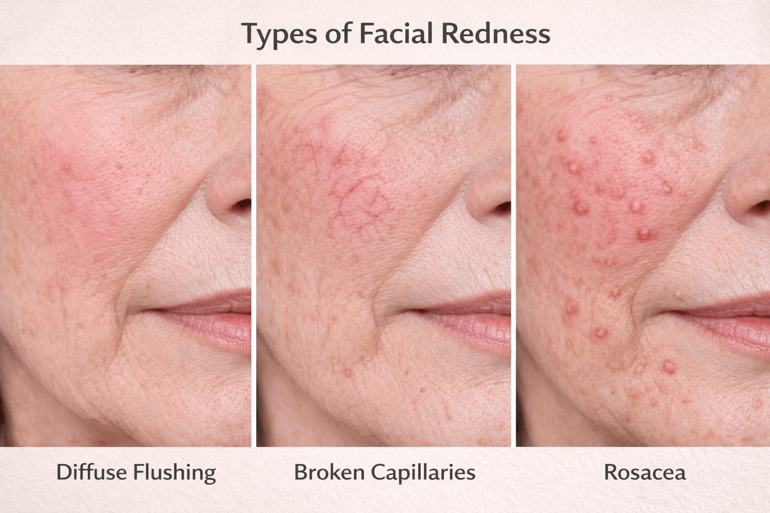 Close-up comparison of different types of facial redness including broken capillaries and rosacea on mature skin