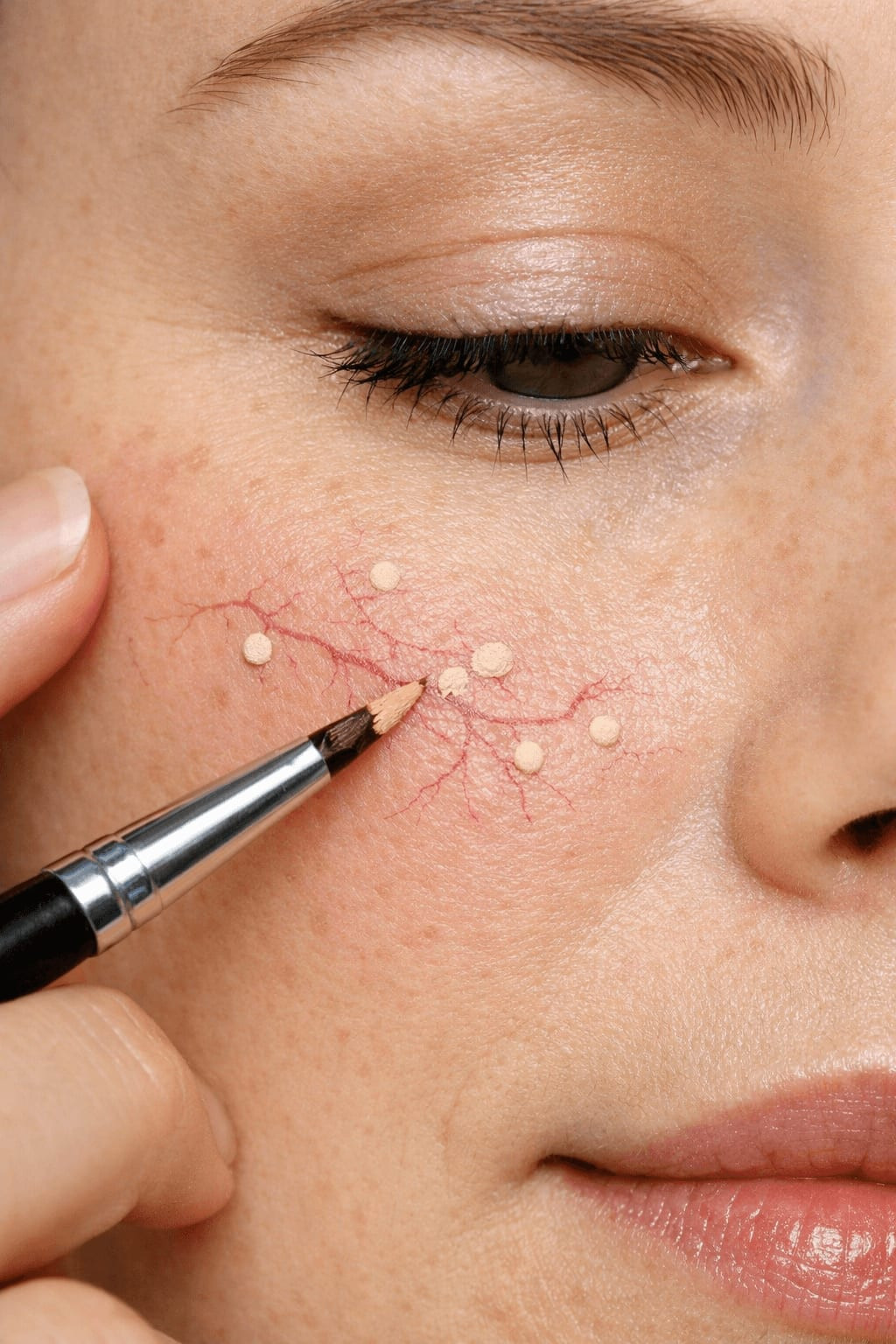 Close-up of precision concealer application technique for broken capillaries using detail brush
