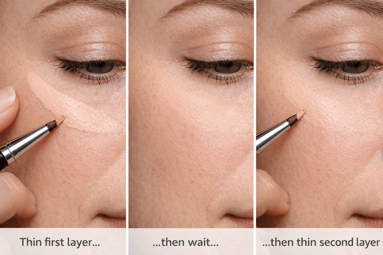 Step-by-step silicone concealer application technique with thin layers
