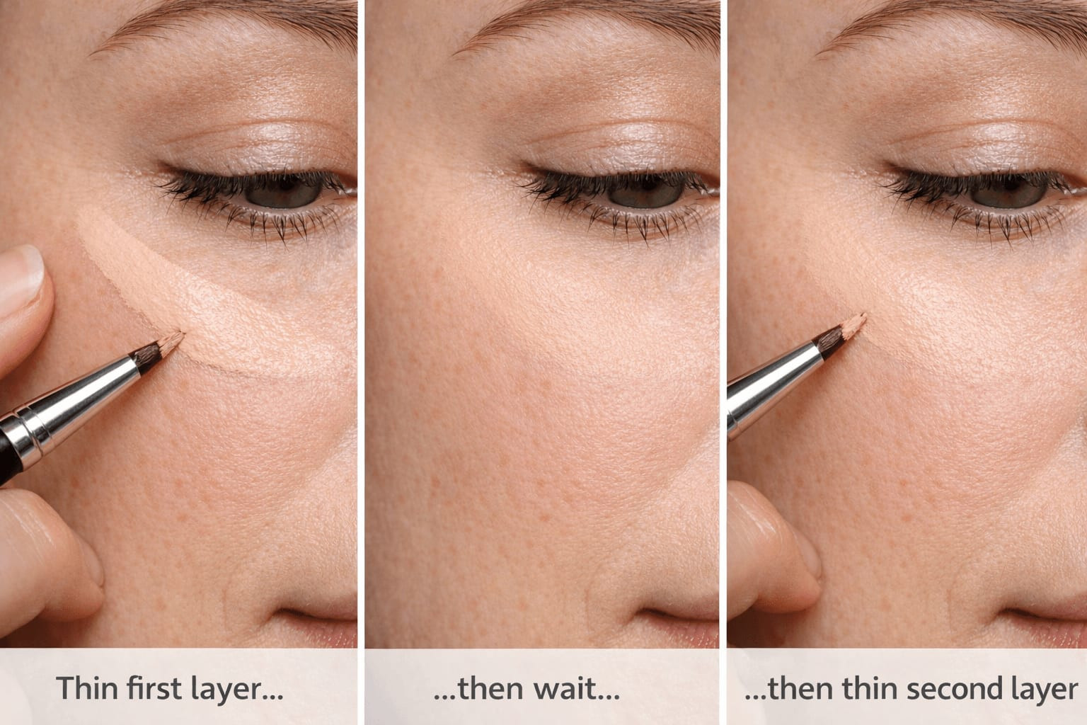 Step-by-step silicone concealer application technique with thin layers