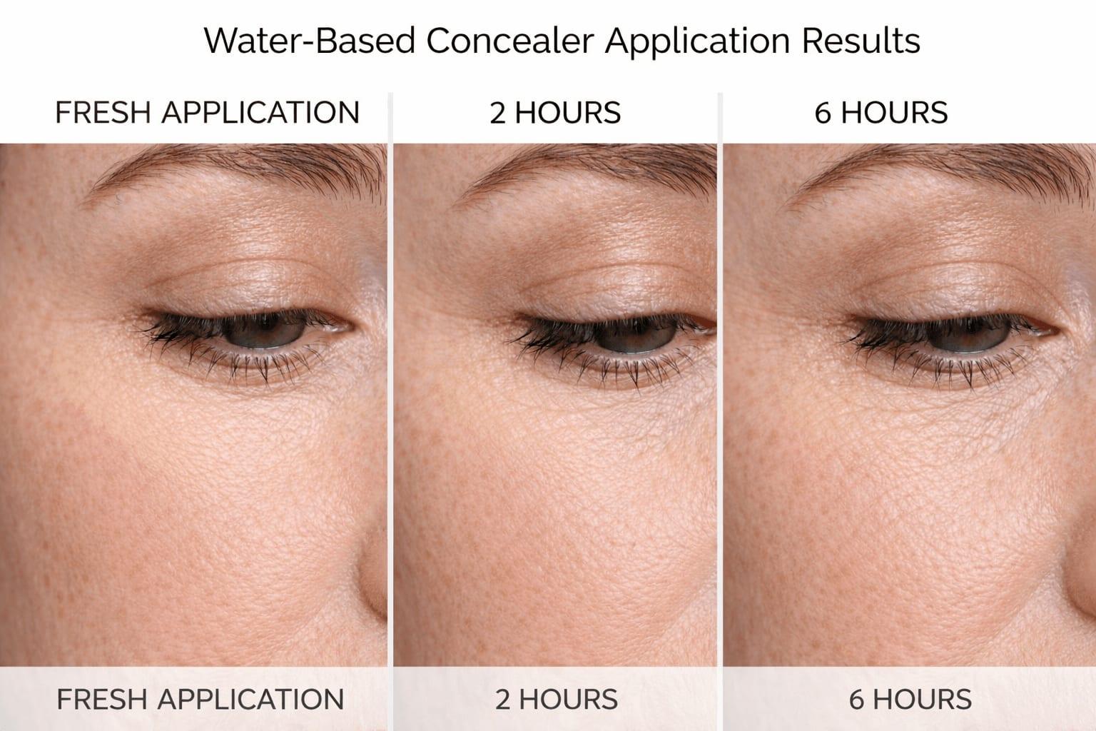 Time-lapse comparison showing water-based concealer wear on mature skin throughout the day