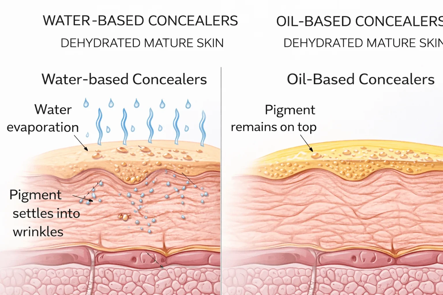 Diagram showing how water-based concealer behaves on dehydrated menopausal skin