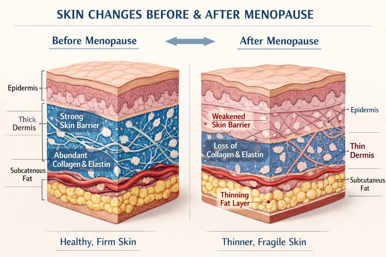Skin structure comparison showing hormonal changes during menopause