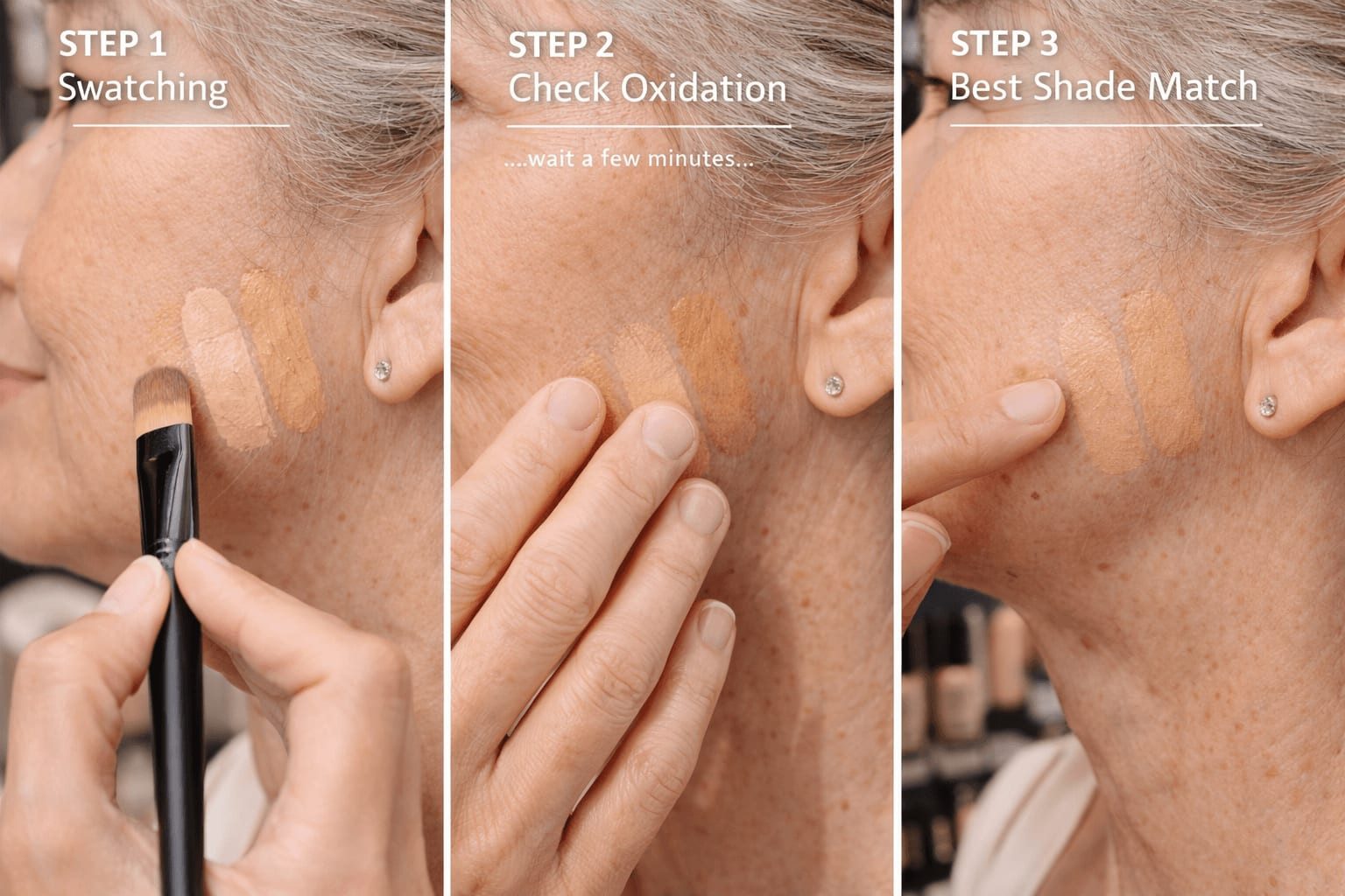 Proper Bobbi Brown foundation shade matching technique on mature skin