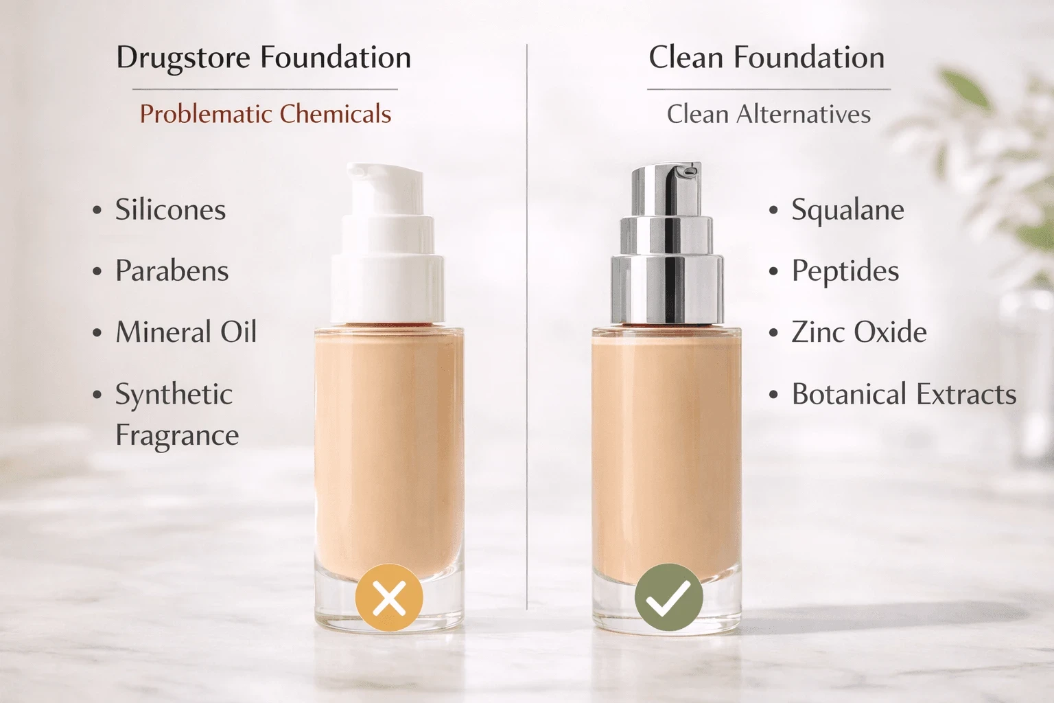 Comparison of ingredient lists in conventional versus clean drugstore foundations