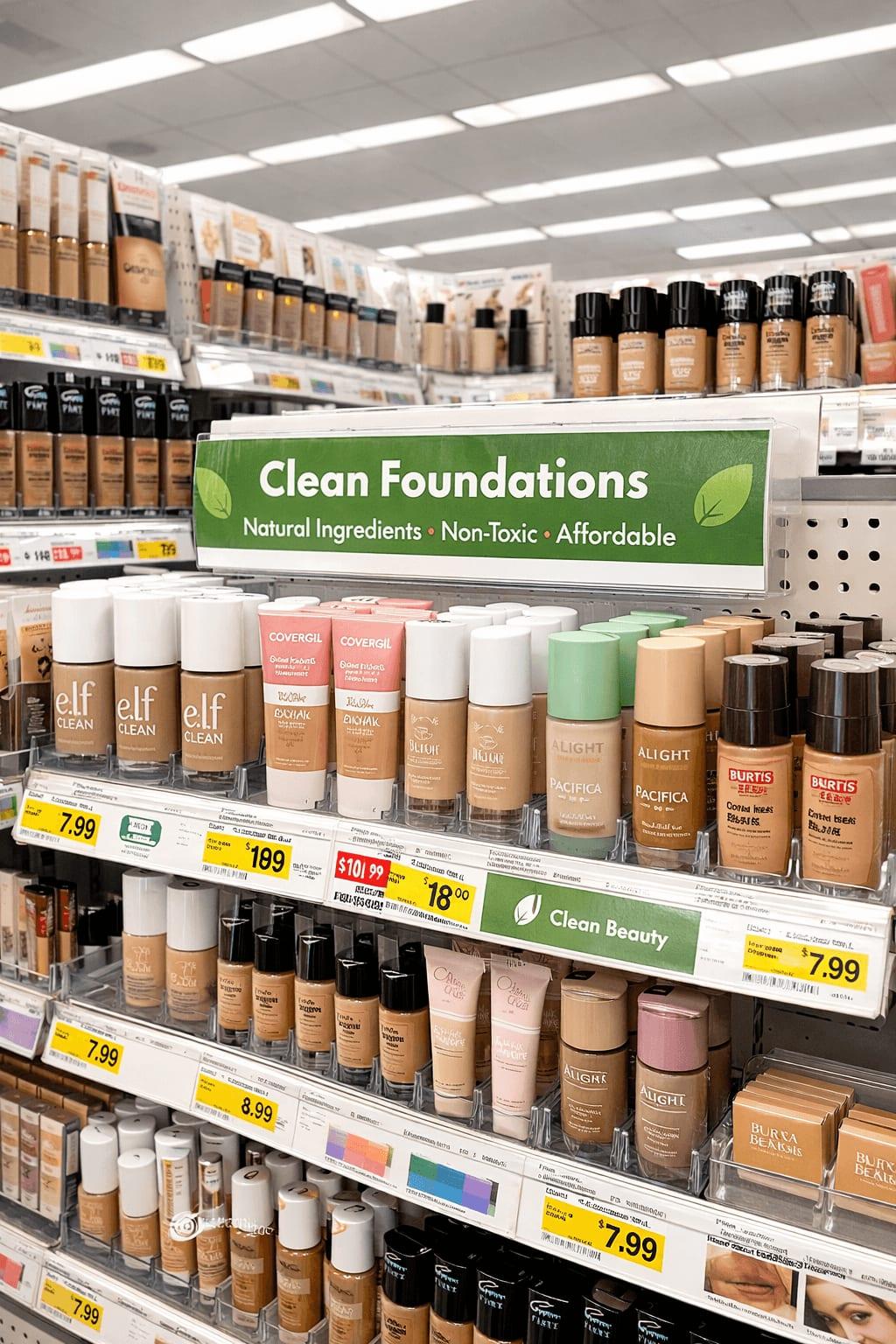 Drugstore shelf showing clean foundation options at accessible prices