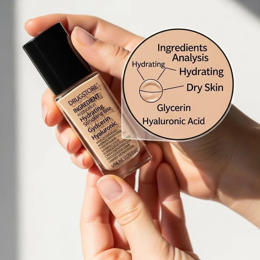 Demonstration of reading drugstore foundation ingredient labels to identify hydrating formulas for dry skin