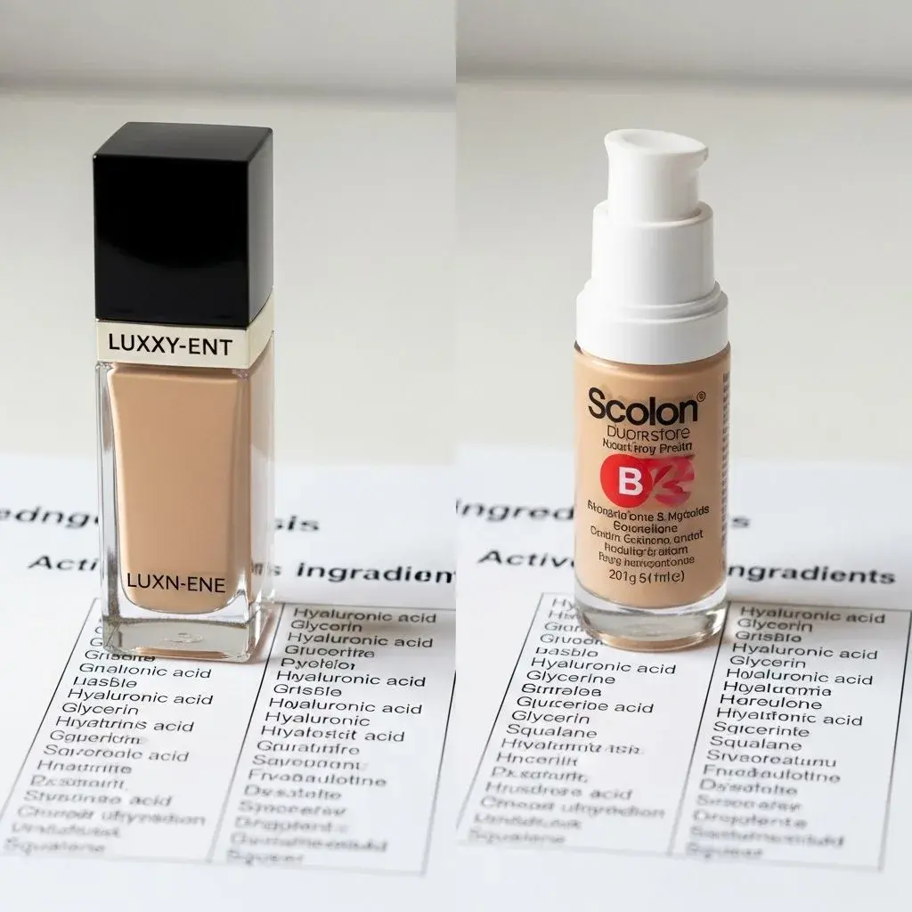 Comparison showing similar hydrating ingredients in luxury versus drugstore foundations for dry skin