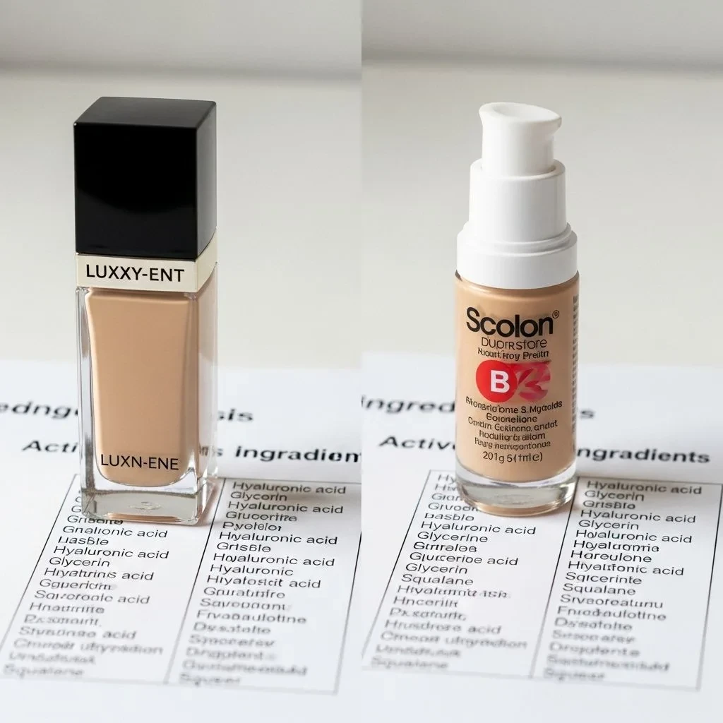 Comparison showing similar hydrating ingredients in luxury versus drugstore foundations for dry skin