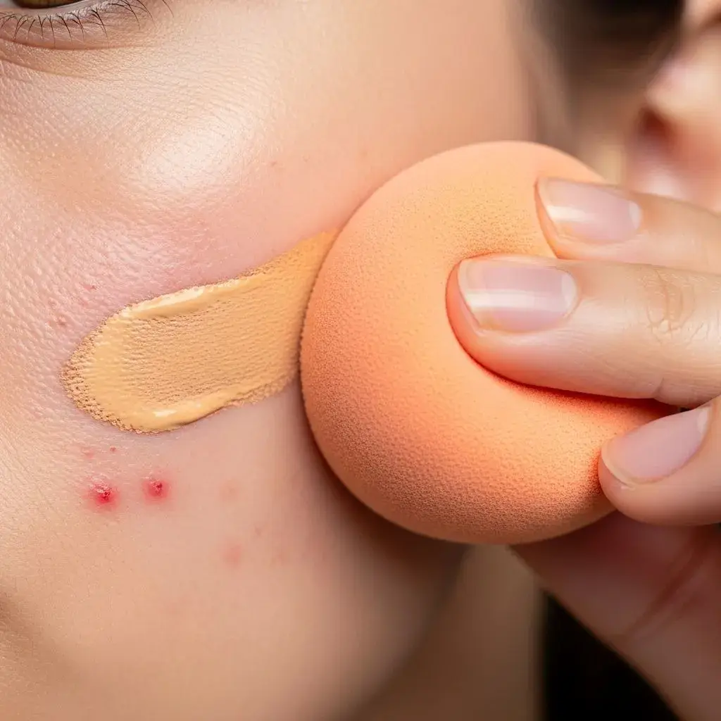 Demonstration of gentle pressing technique for applying foundation over inflamed hormonal acne