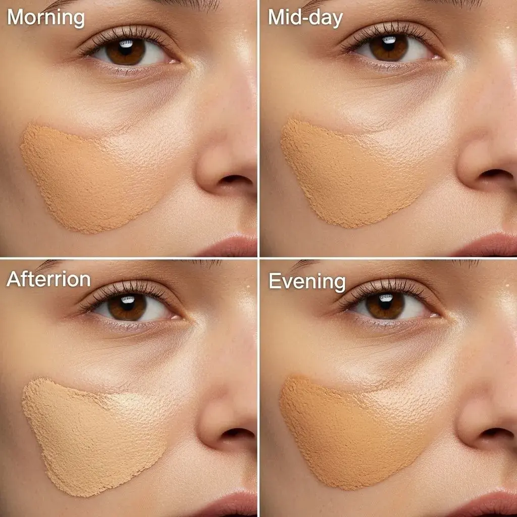 Time progression showing powder foundation emphasizing texture on mature skin
