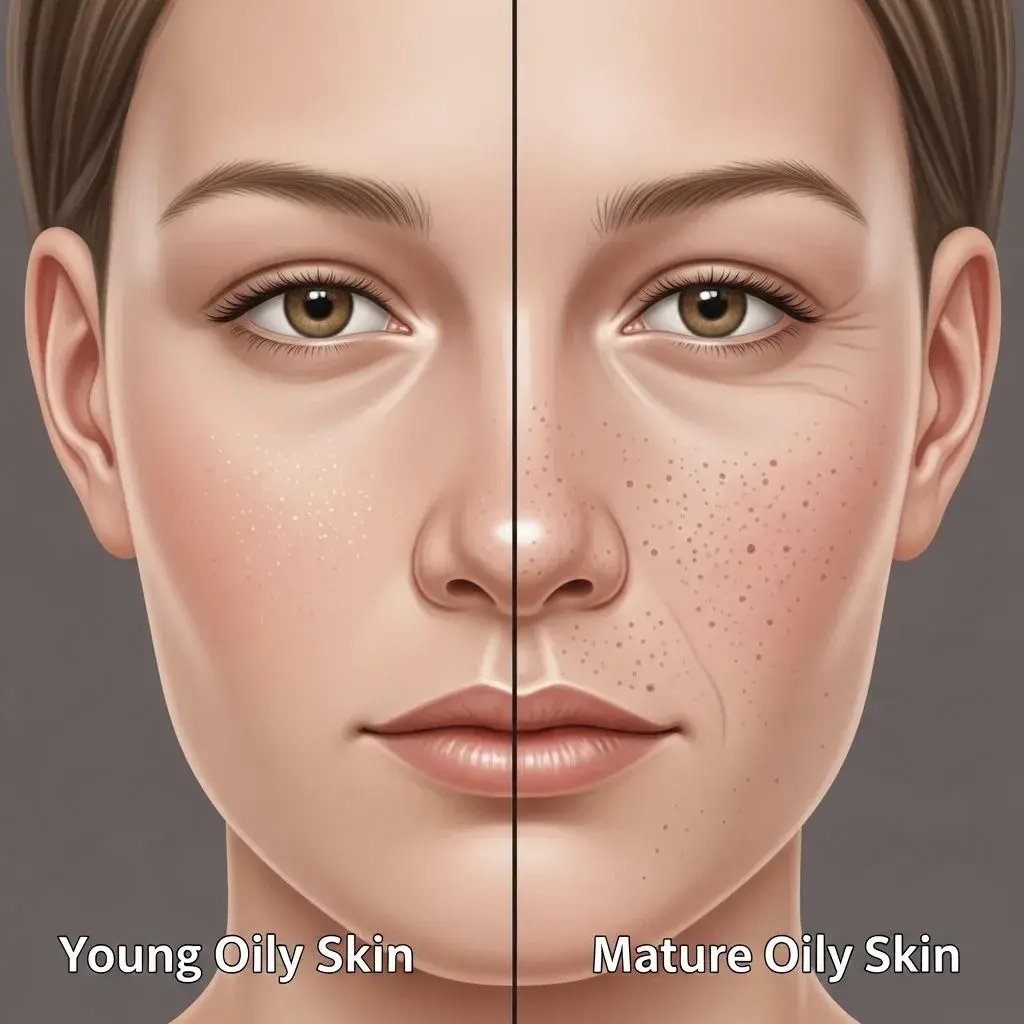 Comparison of young versus mature oily skin structure showing texture differences