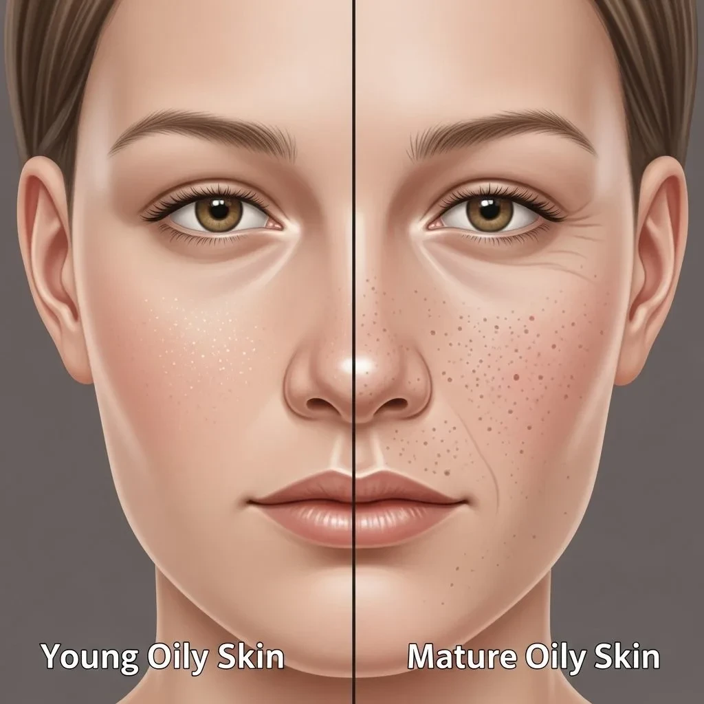 Comparison of young versus mature oily skin structure showing texture differences