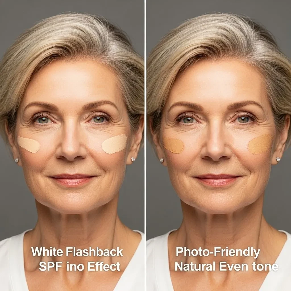 Comparison showing foundation flashback effect versus photo-friendly foundation on mature skin under flash