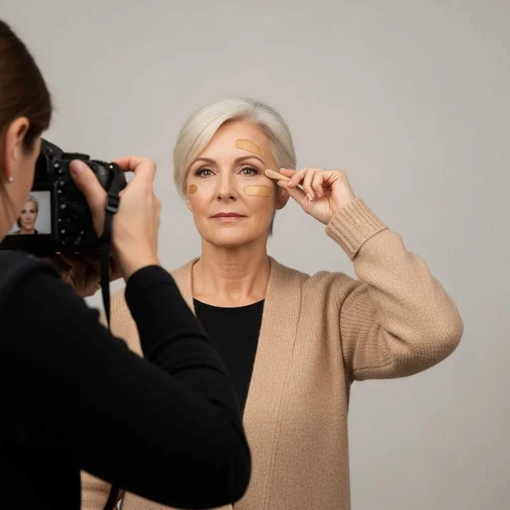 Professional photography session showing mature woman with photo-ready foundation that photographs beautifully