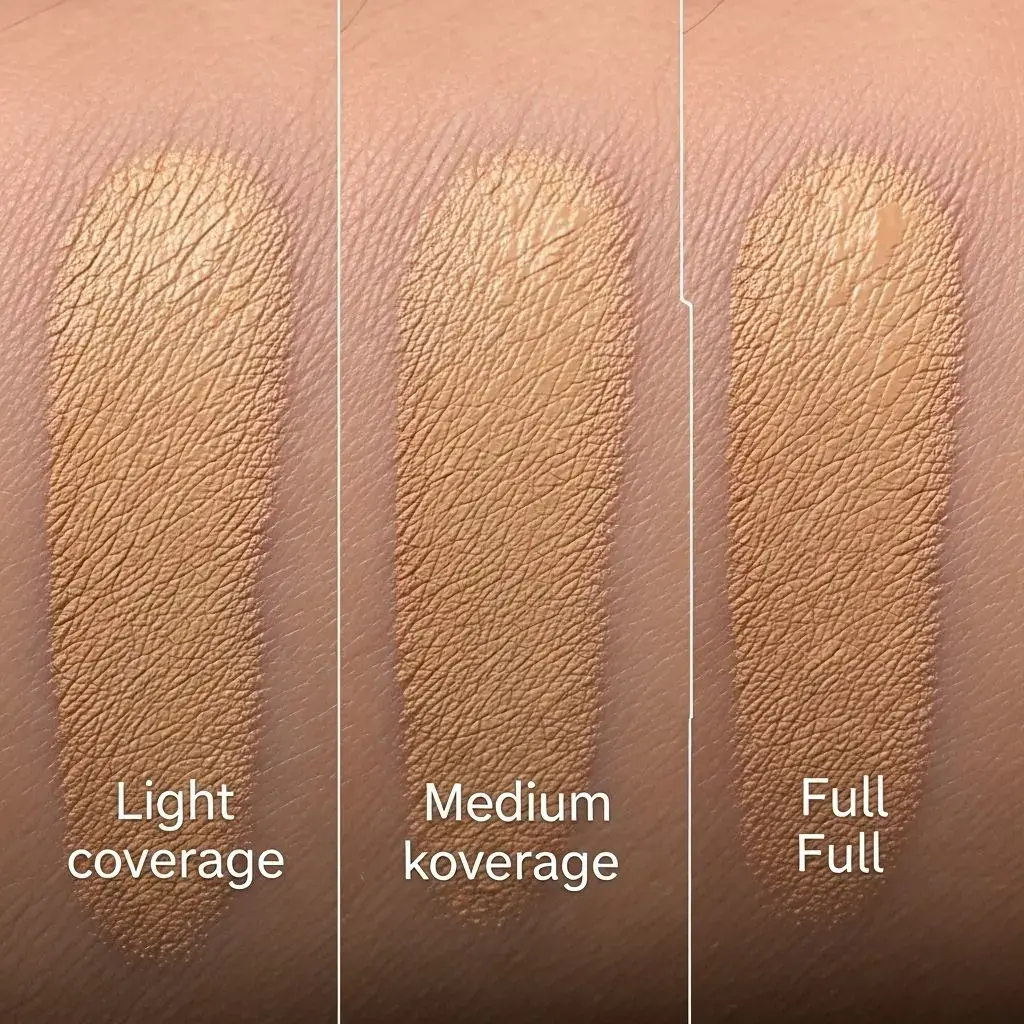 Comparison of light, medium, and full coverage foundation swatches on mature skin showing different opacity levels
