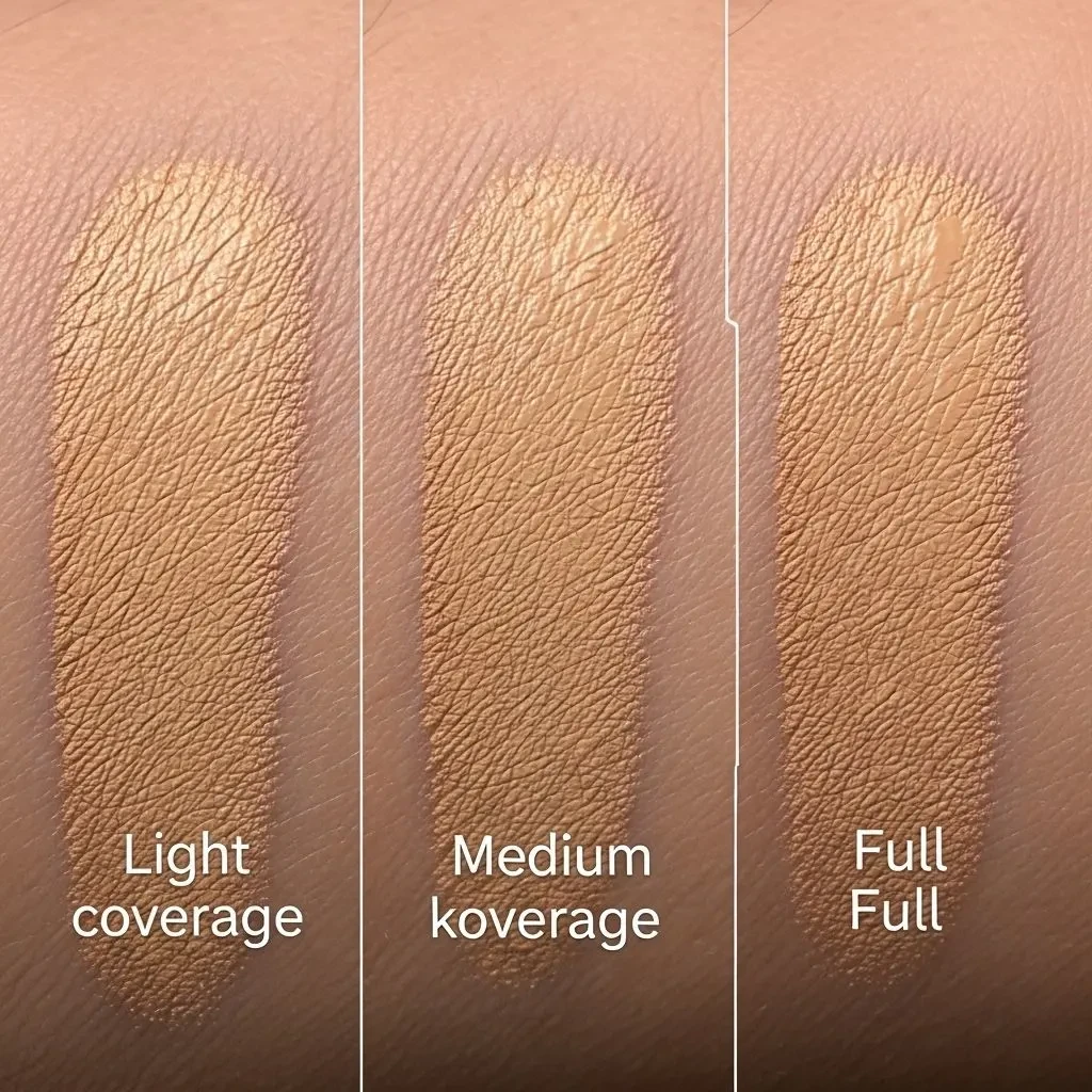 Comparison of light, medium, and full coverage foundation swatches on mature skin showing different opacity levels