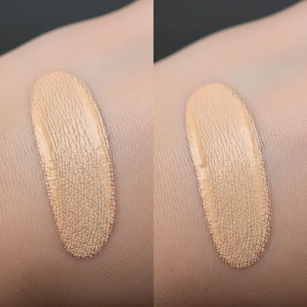 Comparison of water-based and silicone-based foundation formulas showing texture and absorption differences