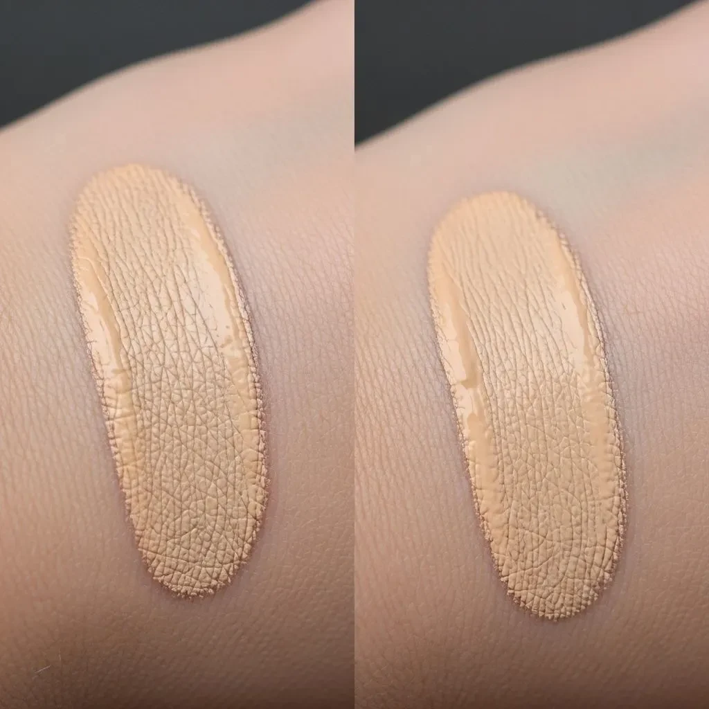 Comparison of water-based and silicone-based foundation formulas showing texture and absorption differences