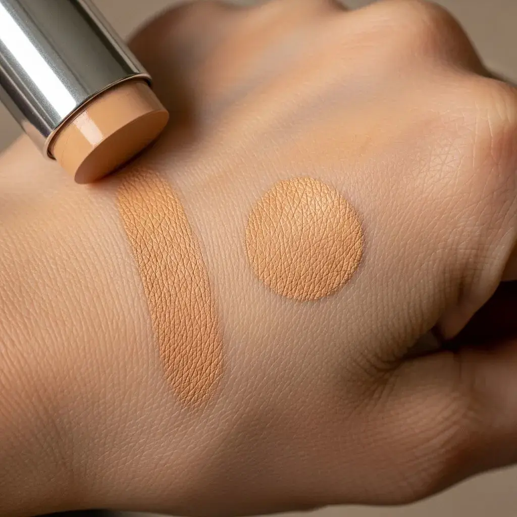 Demonstration of warming stick foundation on hand before applying to mature skin