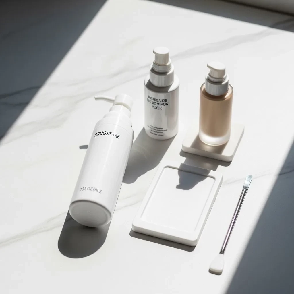 Essential tools for custom foundation mixing including white foundation mixer and blending palette