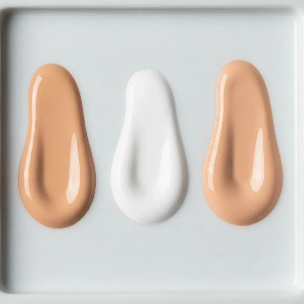 Foundation mixing demonstration showing original shade, white mixer, and custom blended result