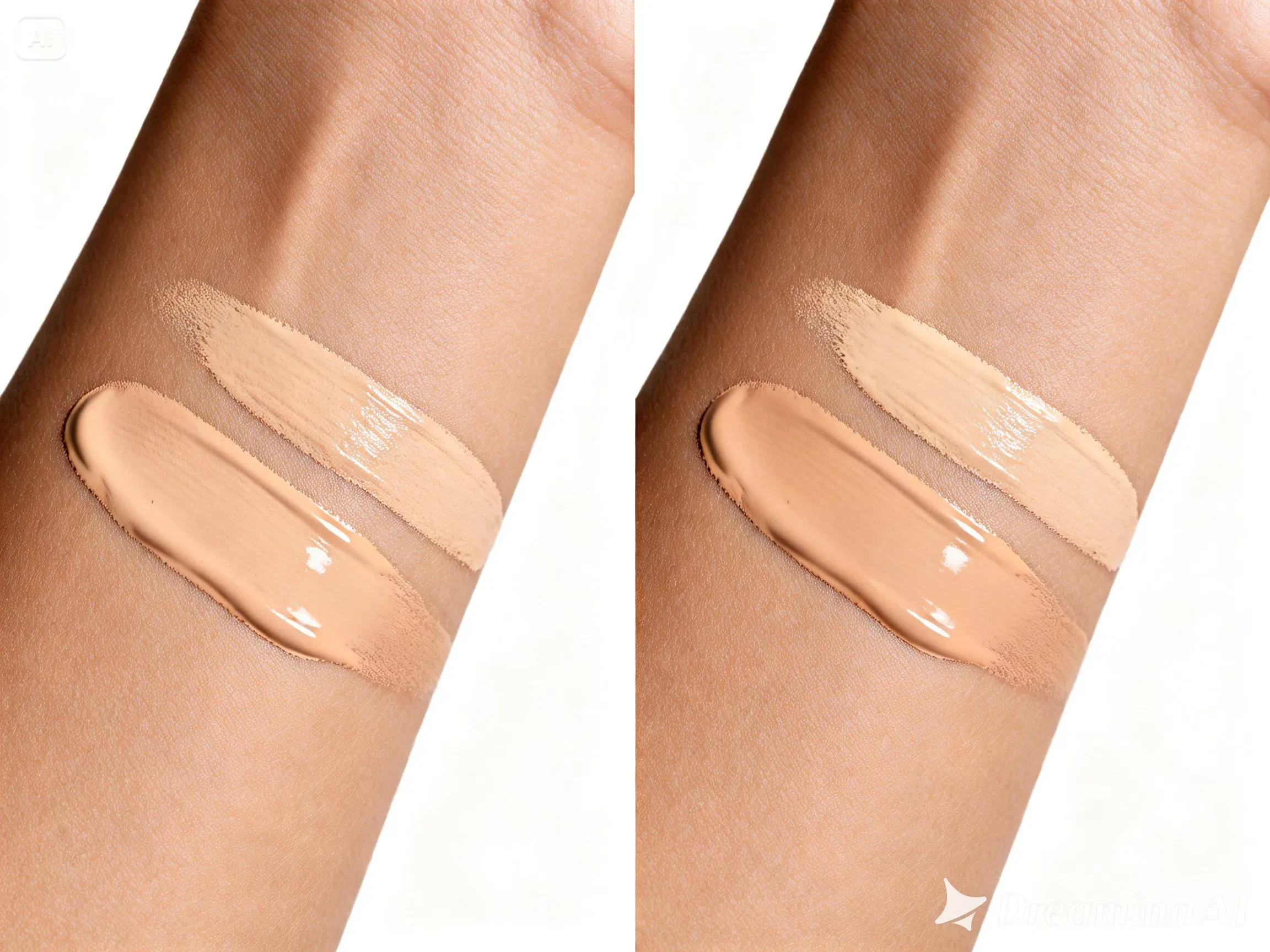 Side-by-side swatches comparing drugstore and luxury foundation performance