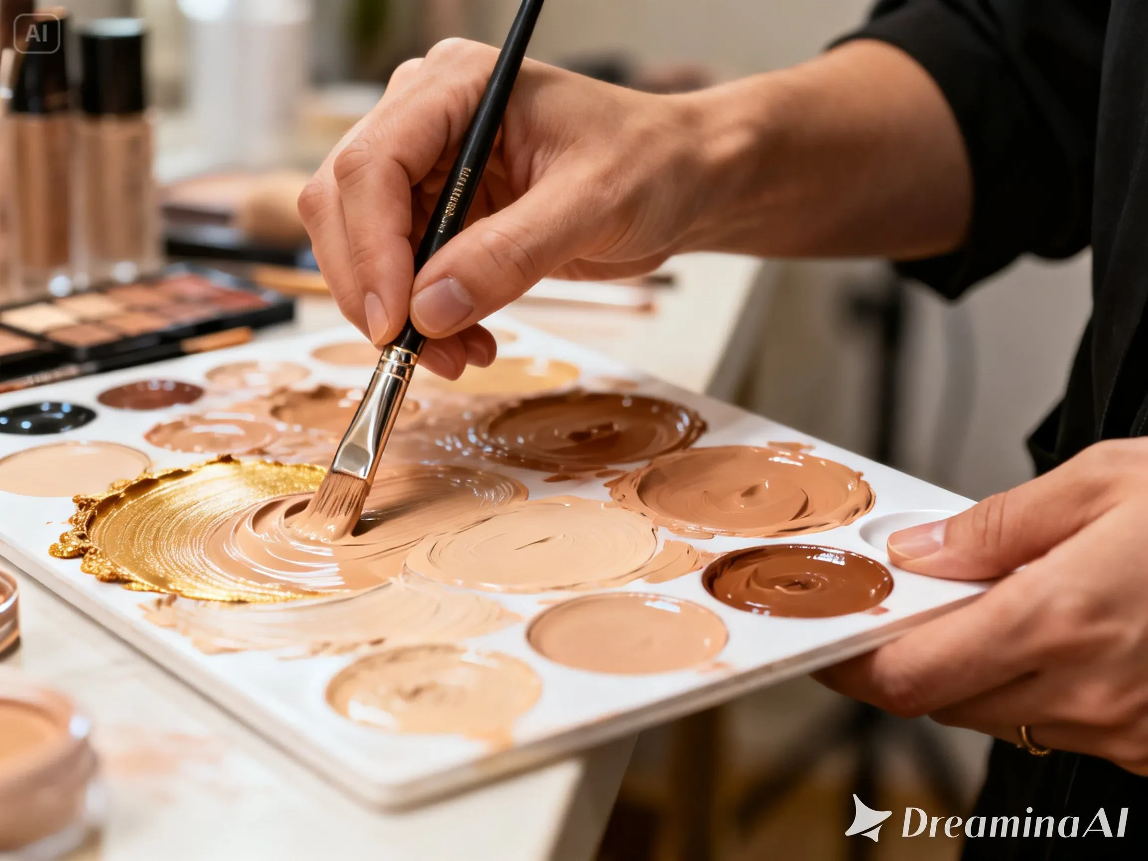 Makeup artist mixing multiple foundation formulas to create custom finish
