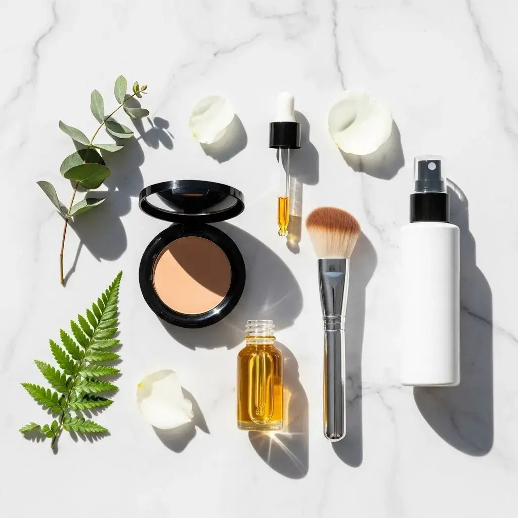 Clean pressed powder foundation application tools including kabuki brush and hydrating primers