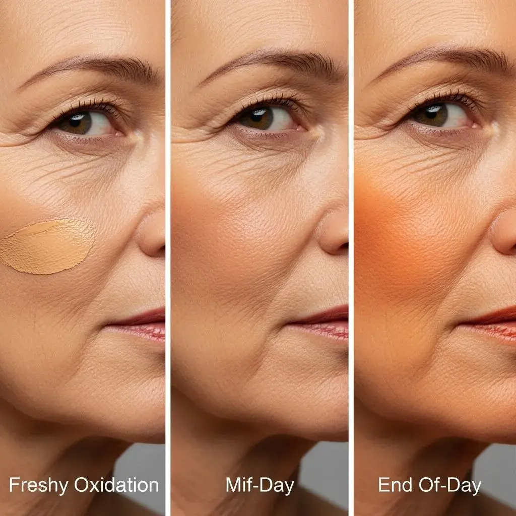 Foundation oxidation progression on mature skin from fresh application to orange discoloration